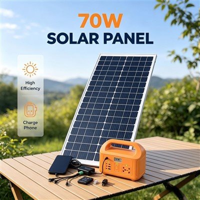 Panneau solaire compact 70W avec interfaces USB Type C DC, câble de 3 mètres et régulateur de tension pour alimentation de secours